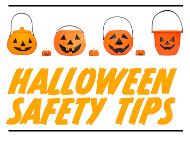 carved pumpkins and Halloween Safety Tips in scary lettering